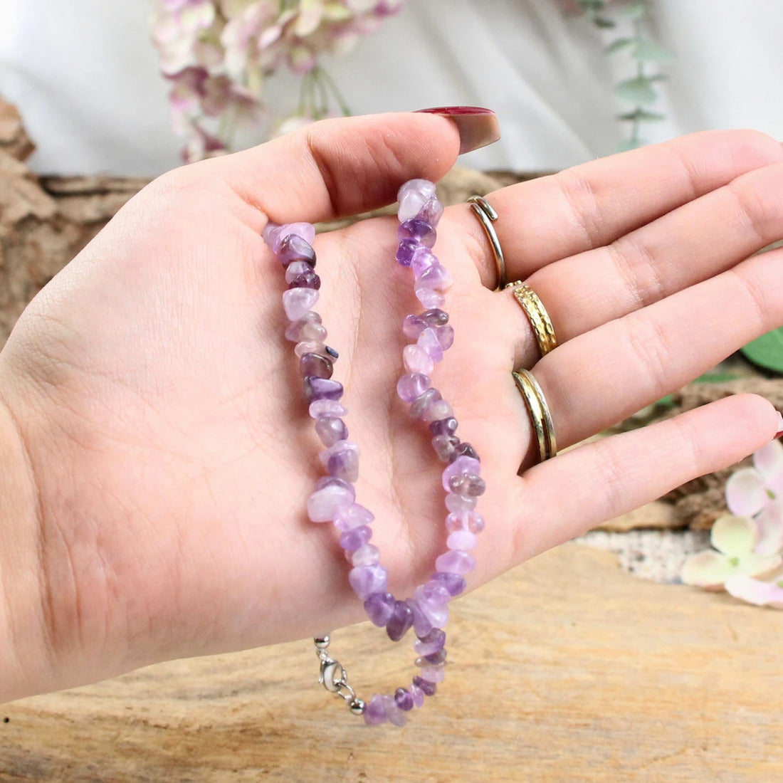 Ametist halsband med splitstenar, 5 till 10 mm