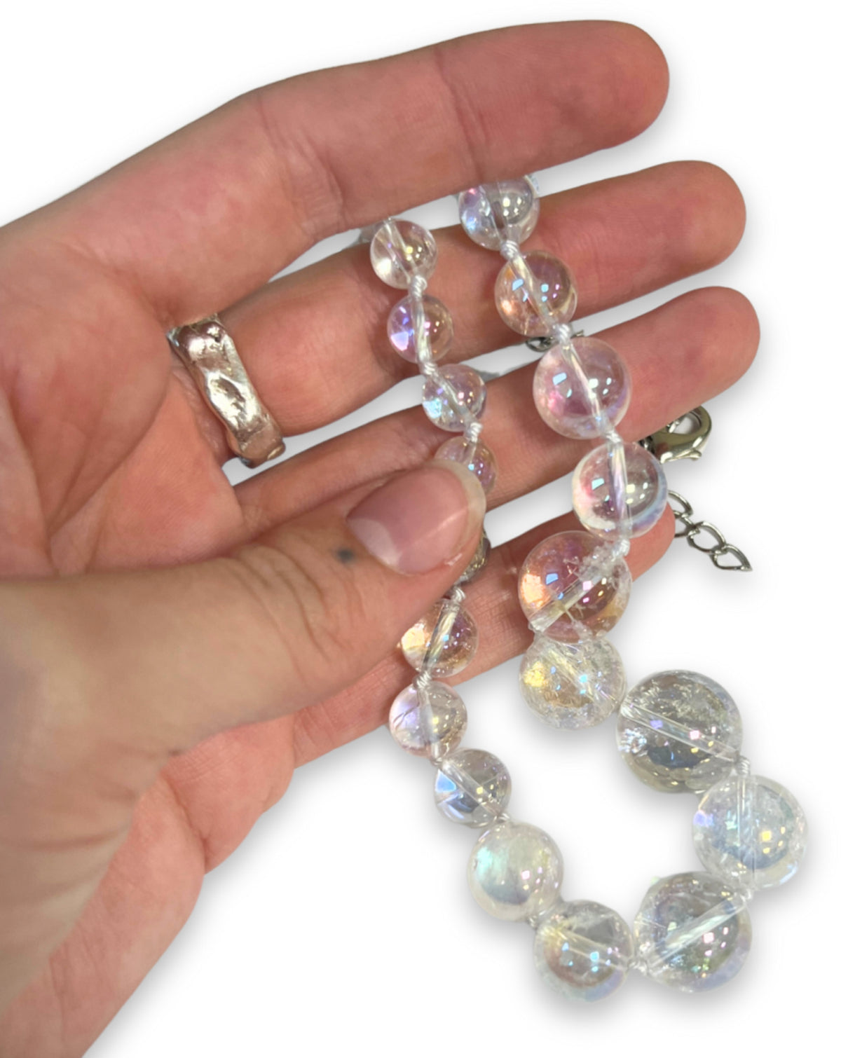 Angel aura halsband, belagd kvarts, olika pärlor, 45 cm