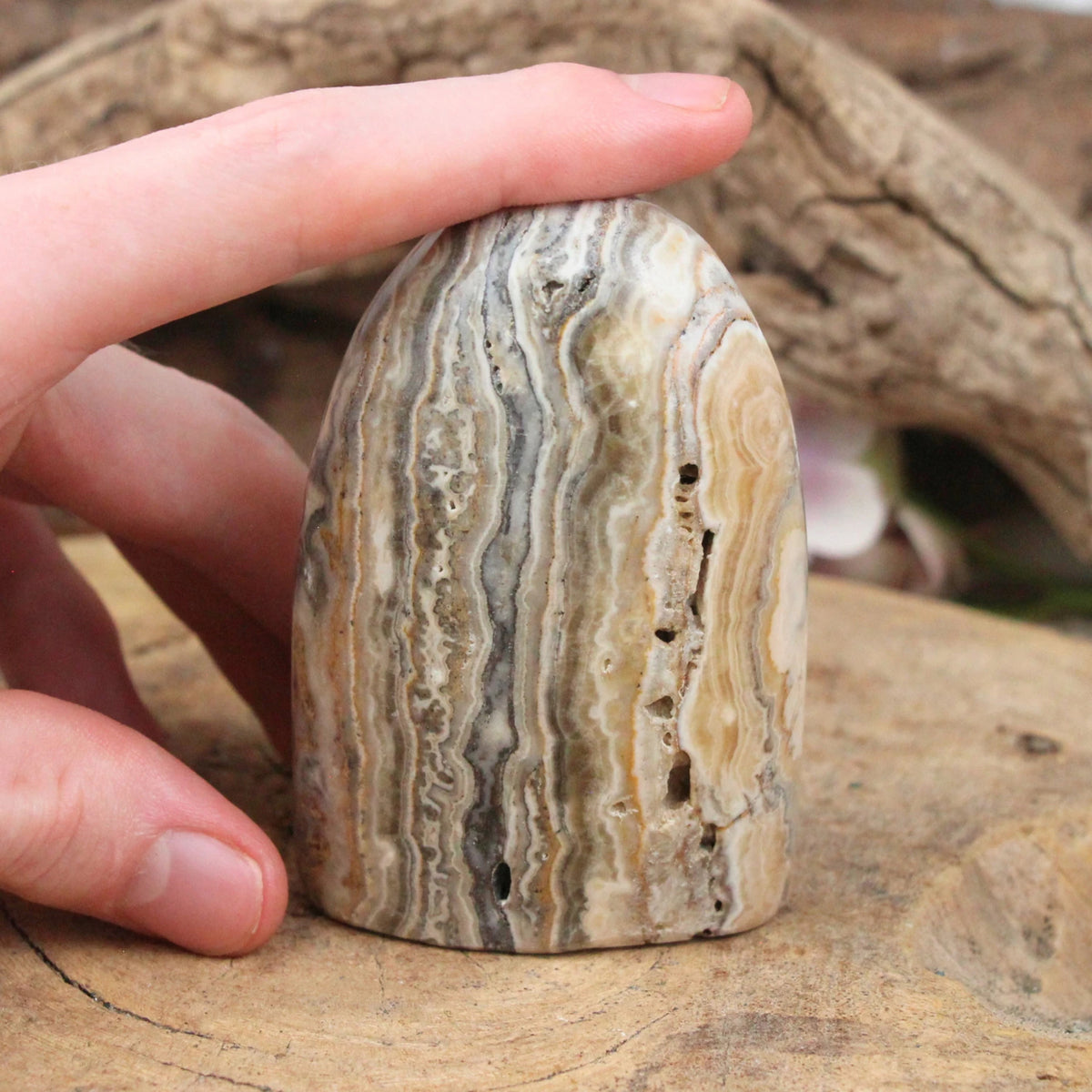 Aragonit zebra skulptur, 8,5 x 3,5 x 5,7 cm, nr 01