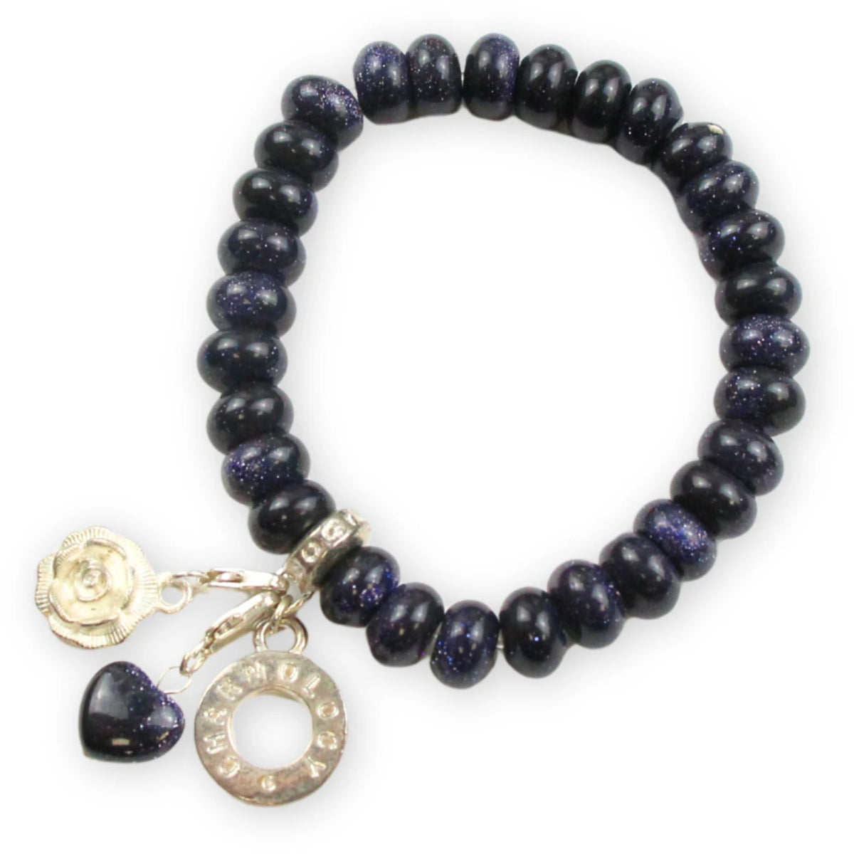 Blåfluss armband med berlocker (glas), 18 cm