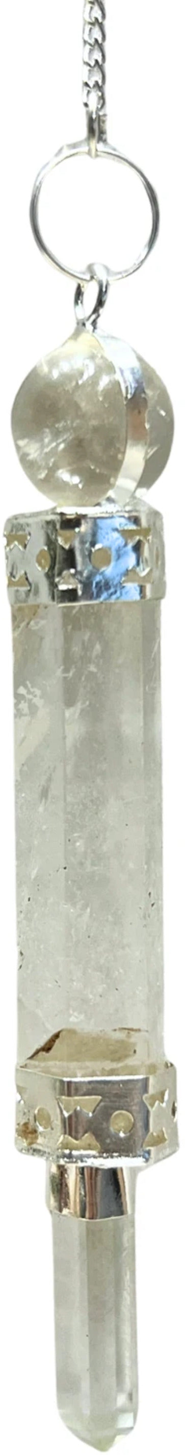 Bergkristall pendel, försilvrad, tredelad, 7 cm