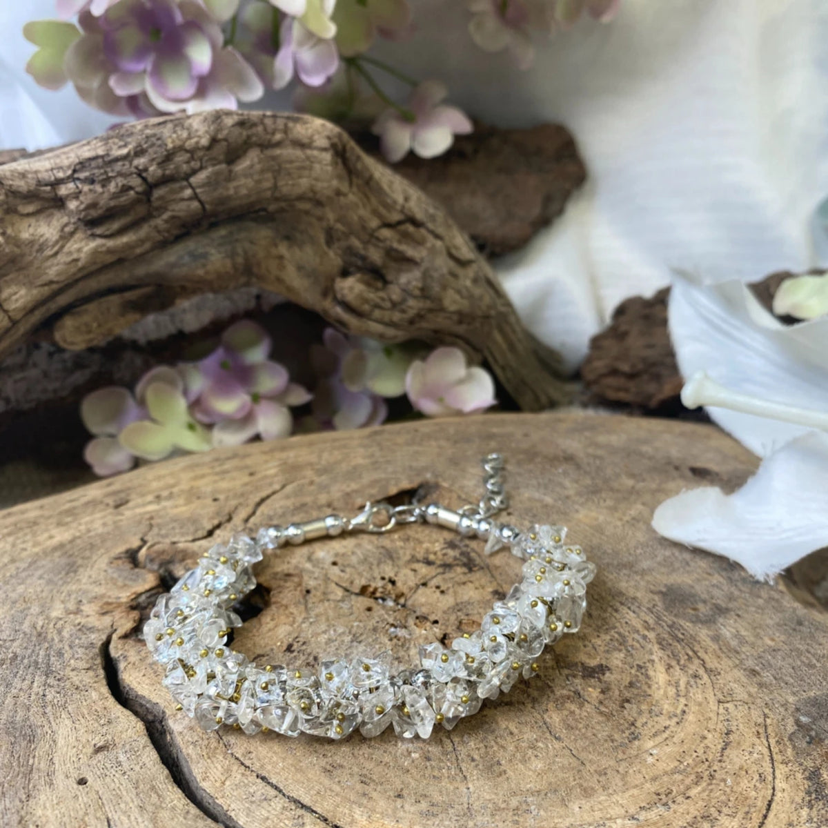 Bergkristall armband, splitstenar i kluster, 19 cm