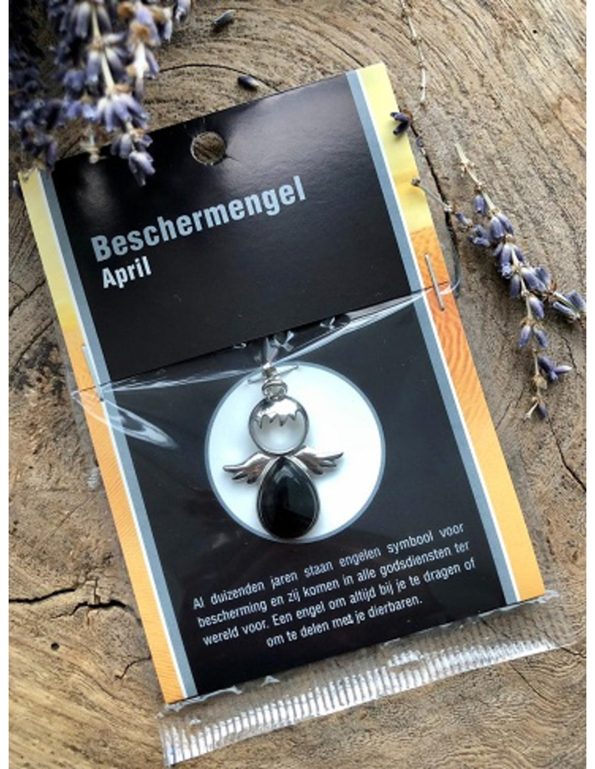 Obsidian ängel hänge, silverfärgad, april, på kort