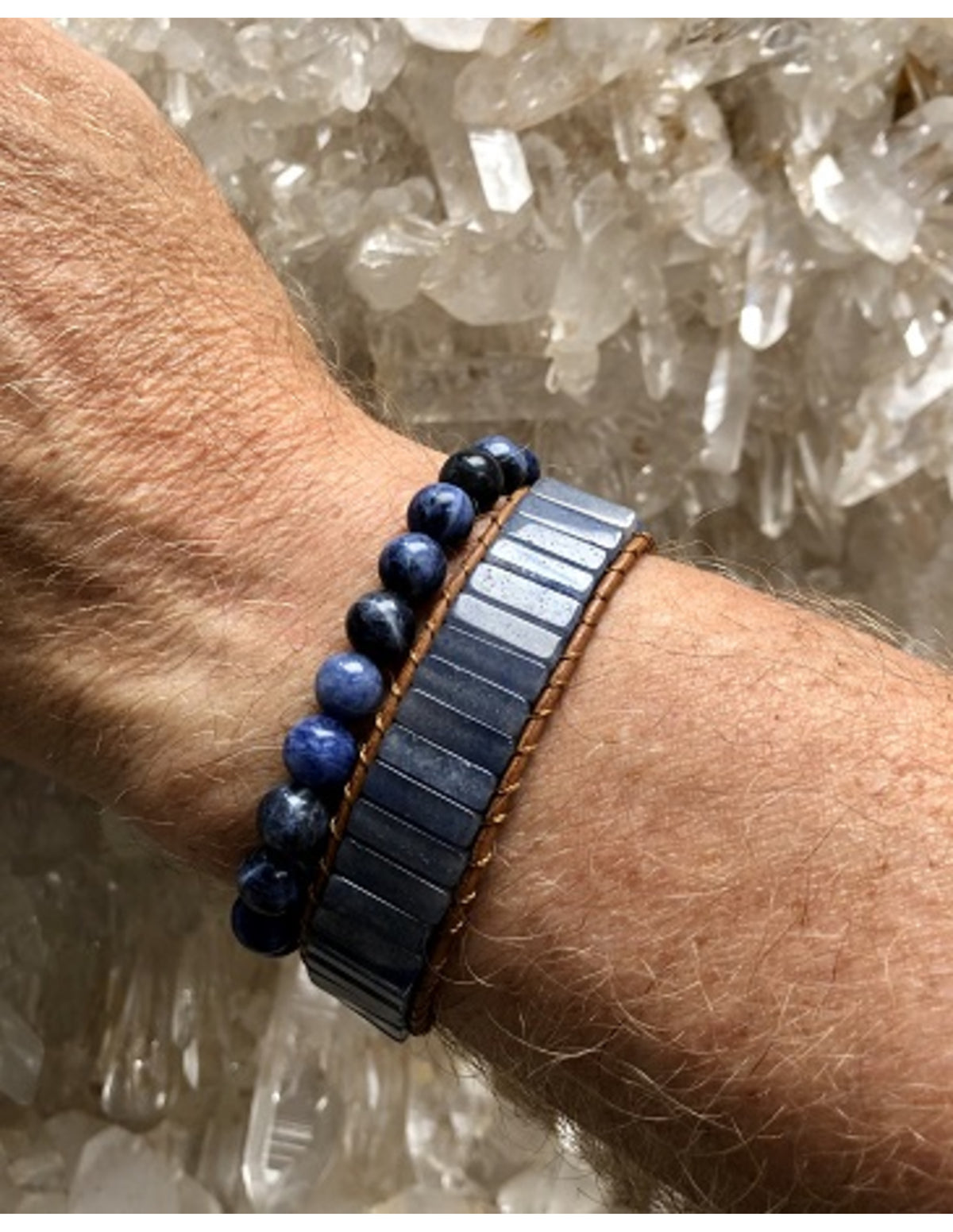 Blå kvarts armband i läder, gipsy