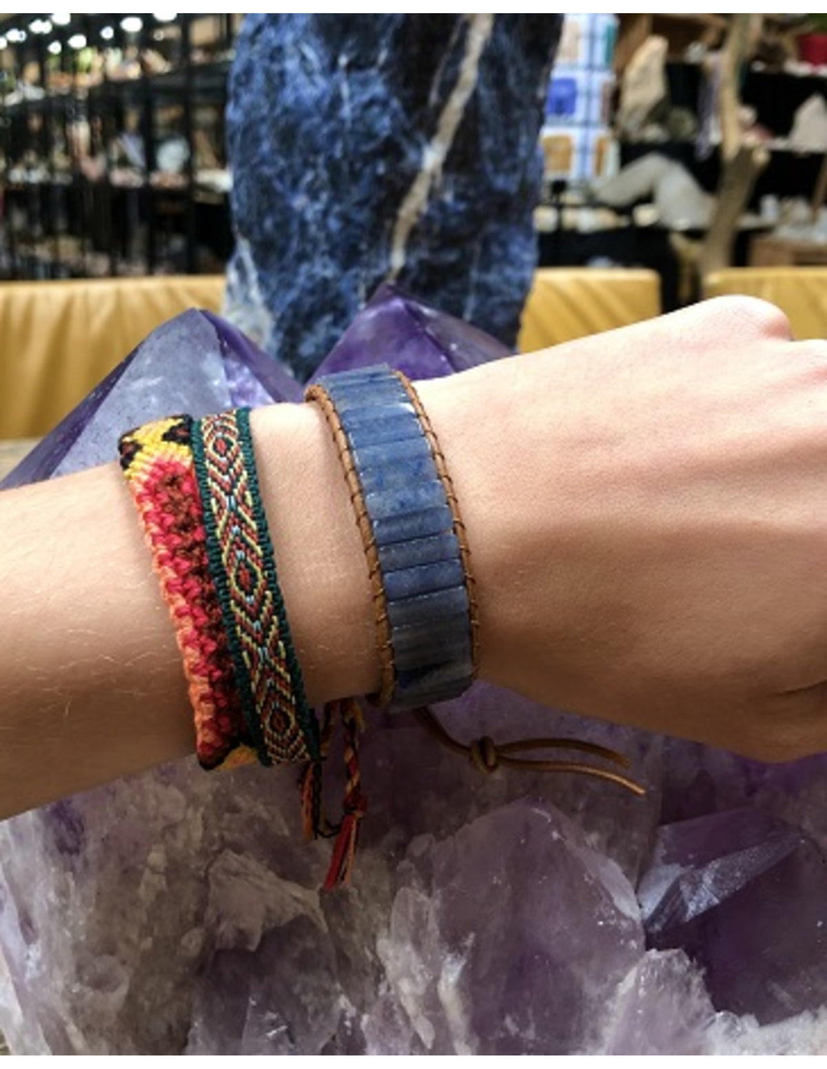 Blå kvarts armband i läder, gipsy