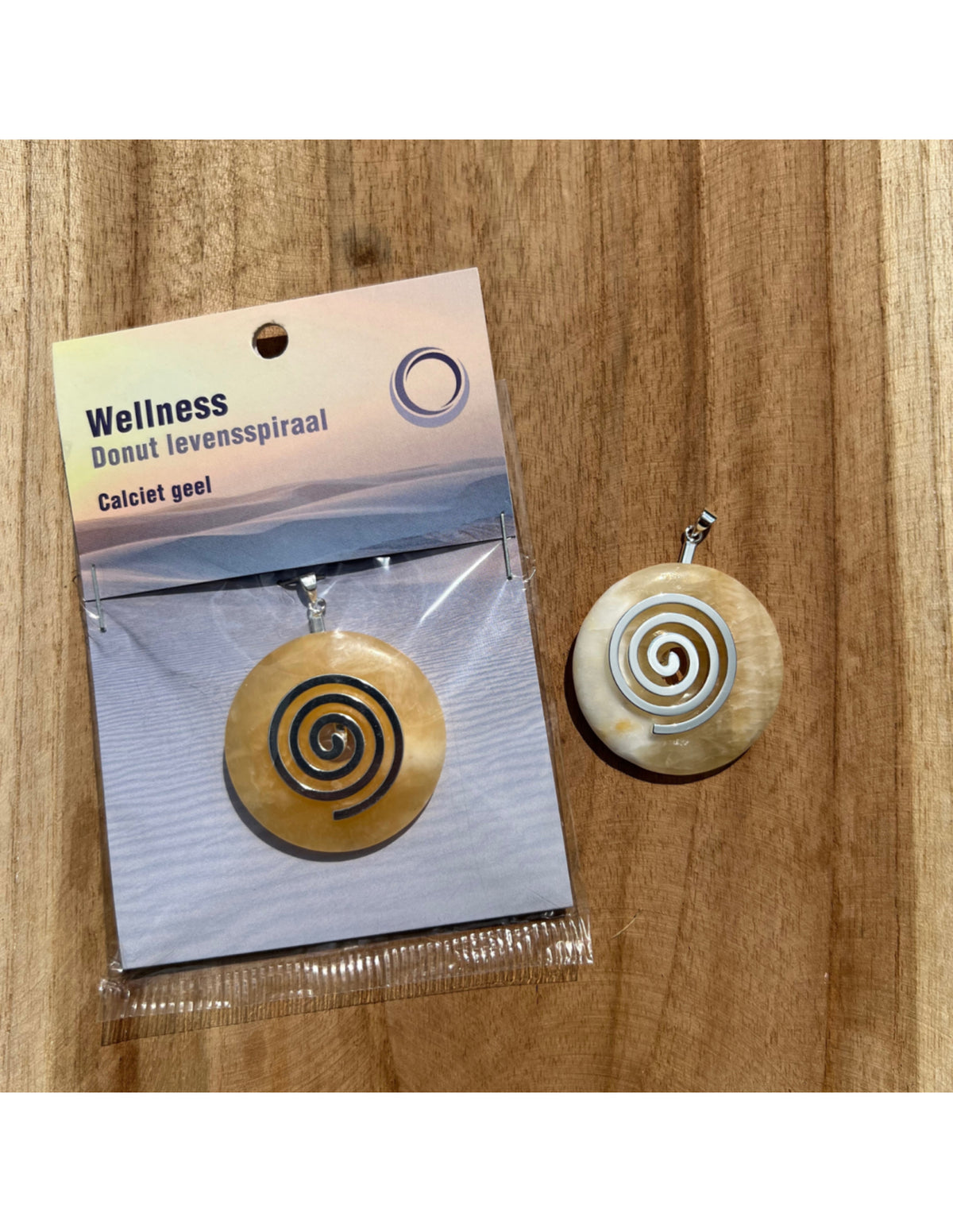 Gul kalcit donut med levensspiral, 4 cm
