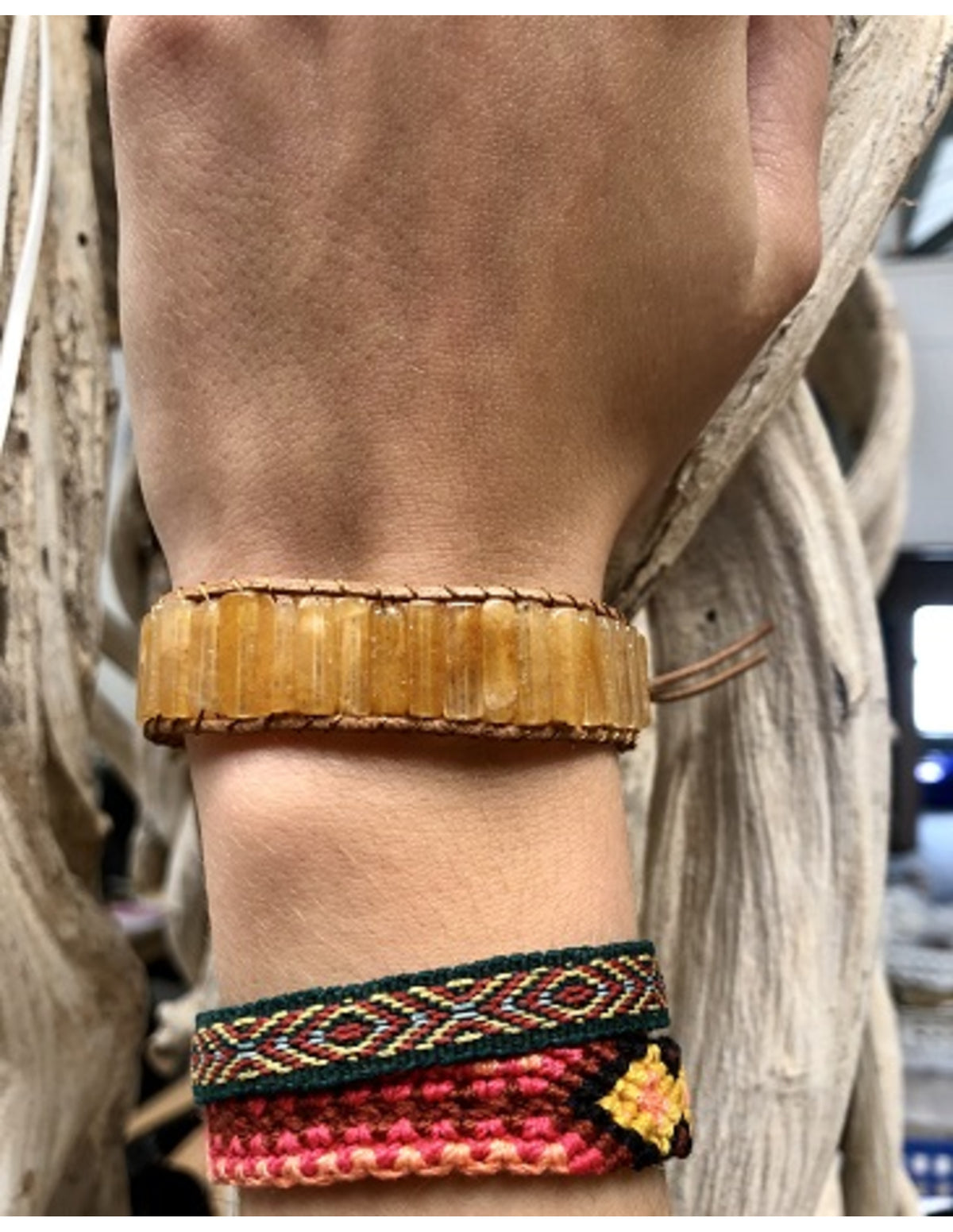 Gul kalcit armband i läder, gipsy-stil, 20, 22 eller 25 cm