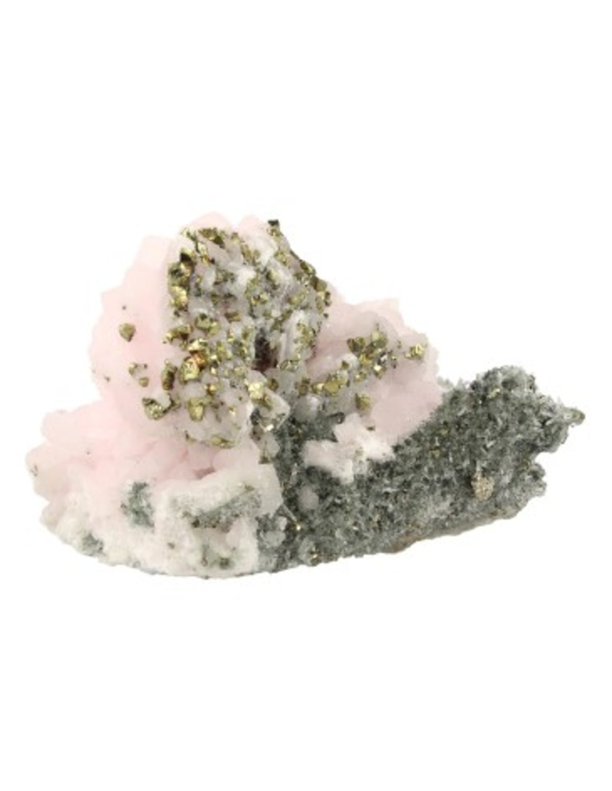 Mangankalcit mineralprov med bergkristall och pyrit, nr 128