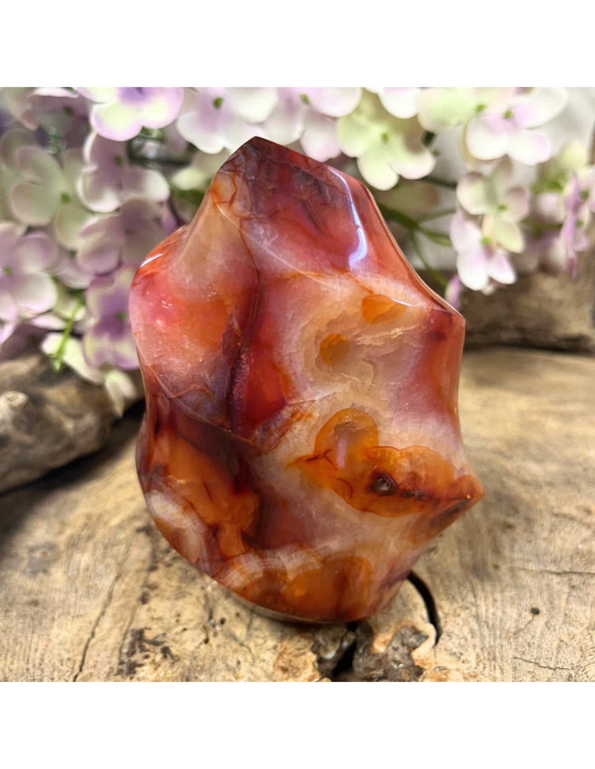 Karneol skulptur i flamform, 11 cm, 545 g, nr 02