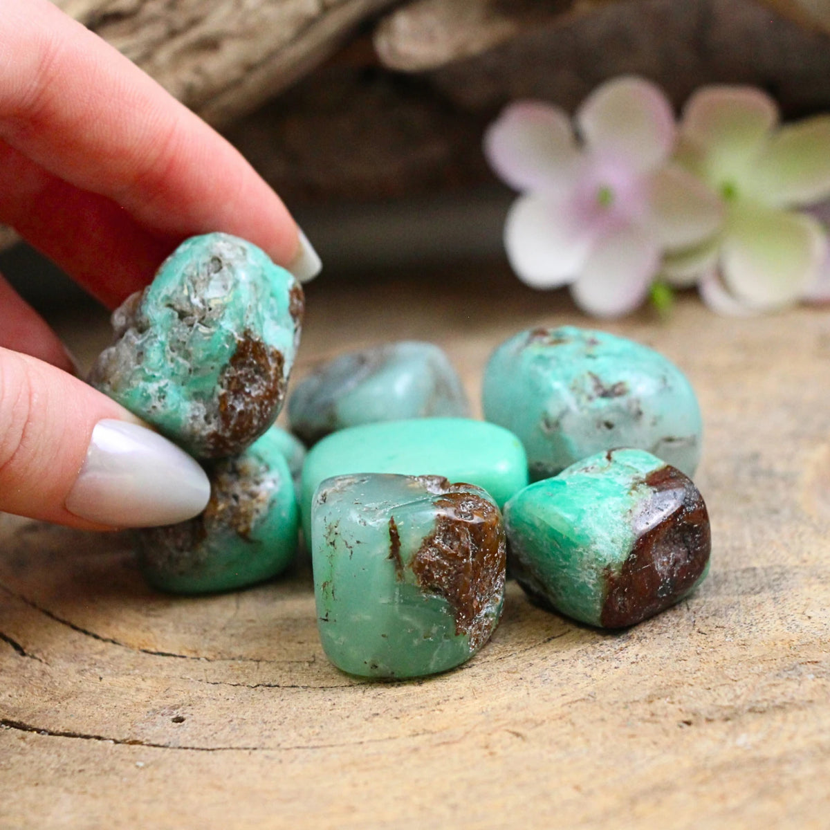 Krysopras trumlade stenar, 150 g, 20 till 30 mm
