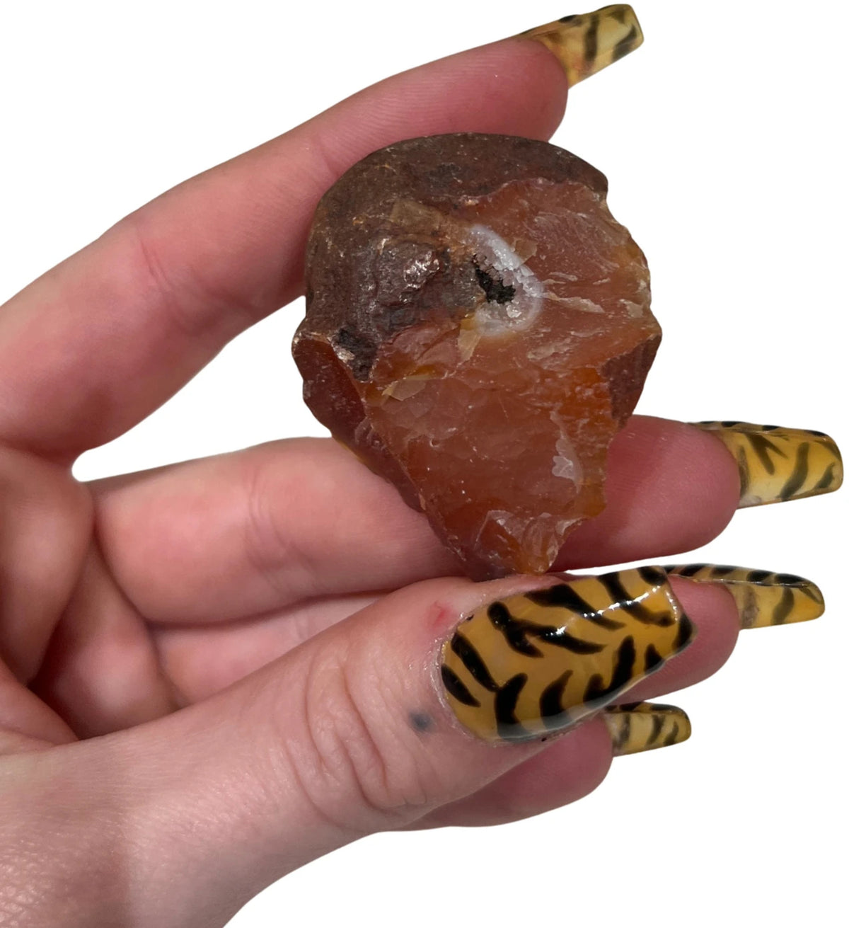 Karneol sten i ask, rödorange, ca 4 cm
