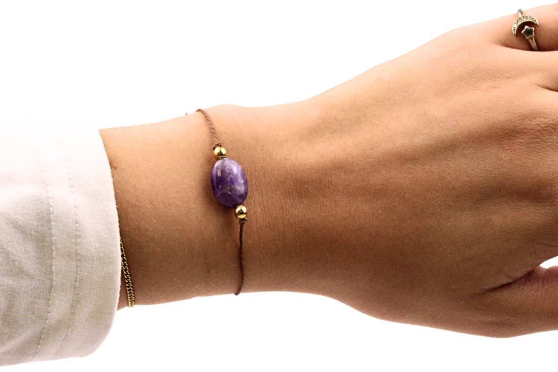 Ametist armband, februaris månadssten, justerbart