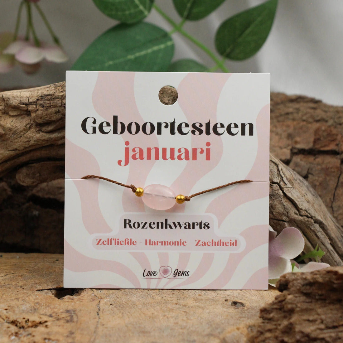 Rosenkvarts armband, januari, justerbart, 1 x 2 cm