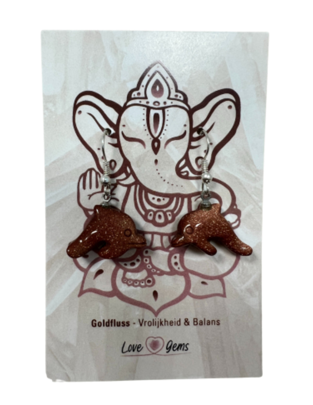Guldsten örhängen, delfiner, på kort (glas)