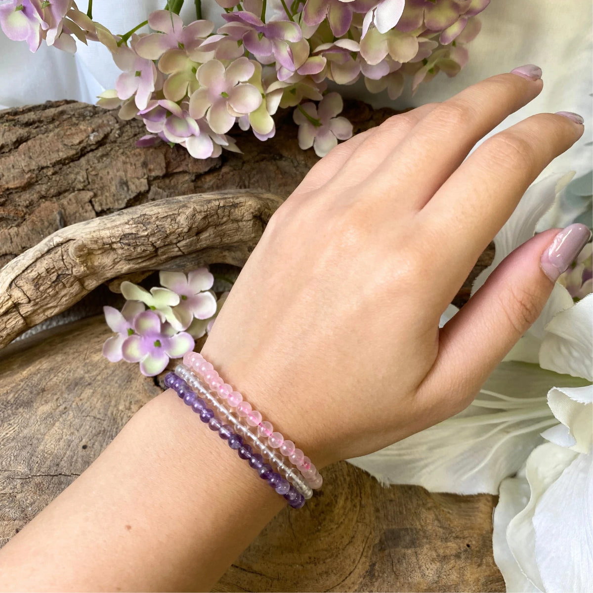 Armband i set: ametist, rosenkvarts och bergkristall, 4 mm
