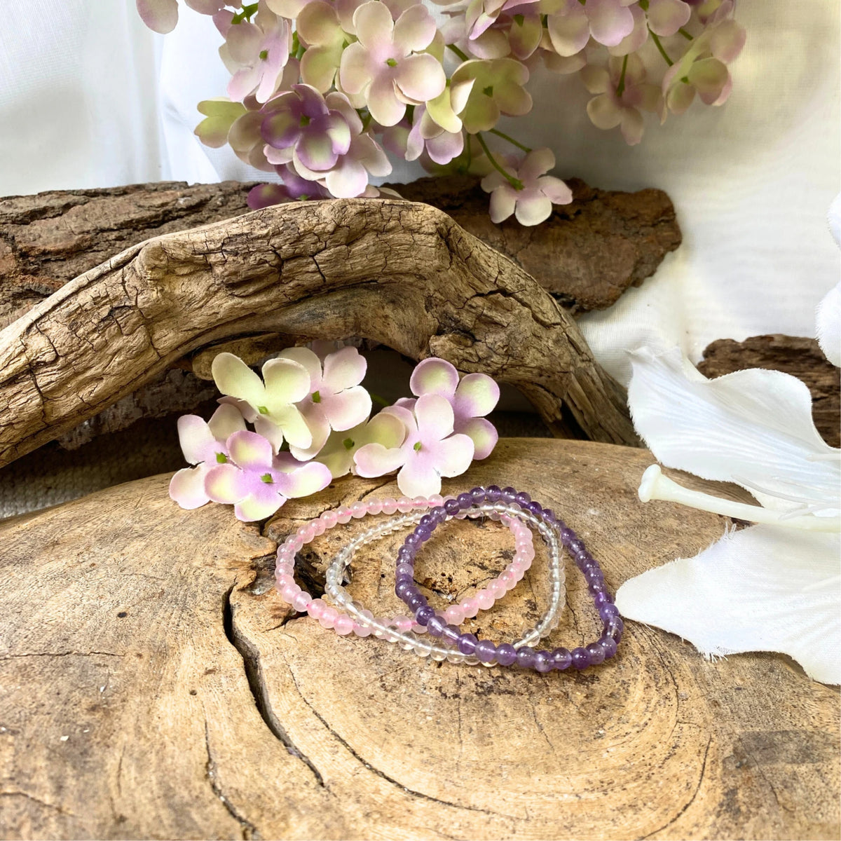 Armband i set: ametist, rosenkvarts och bergkristall, 4 mm