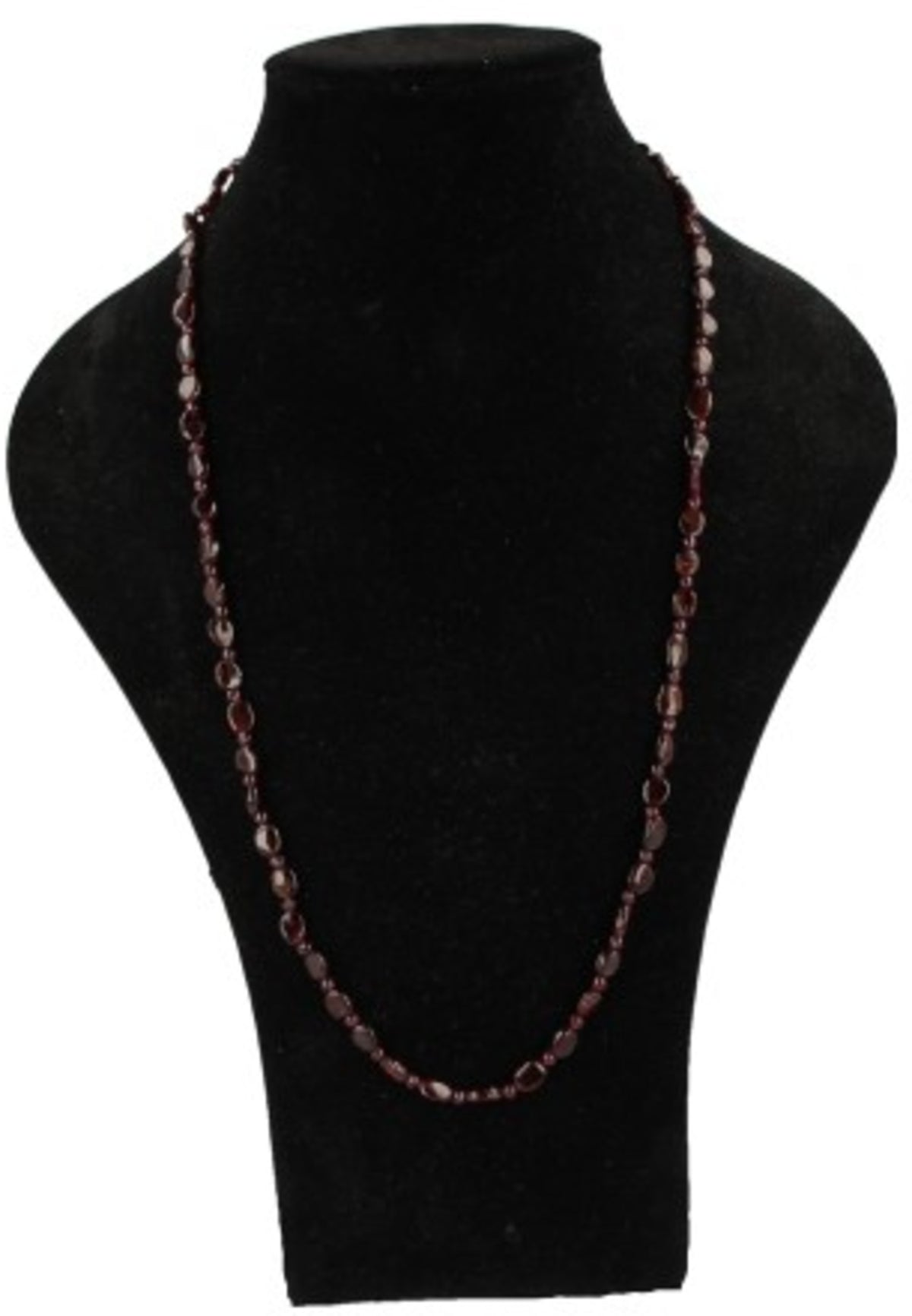 Granat halsband, långt, ovala och runda kulor, 70 cm