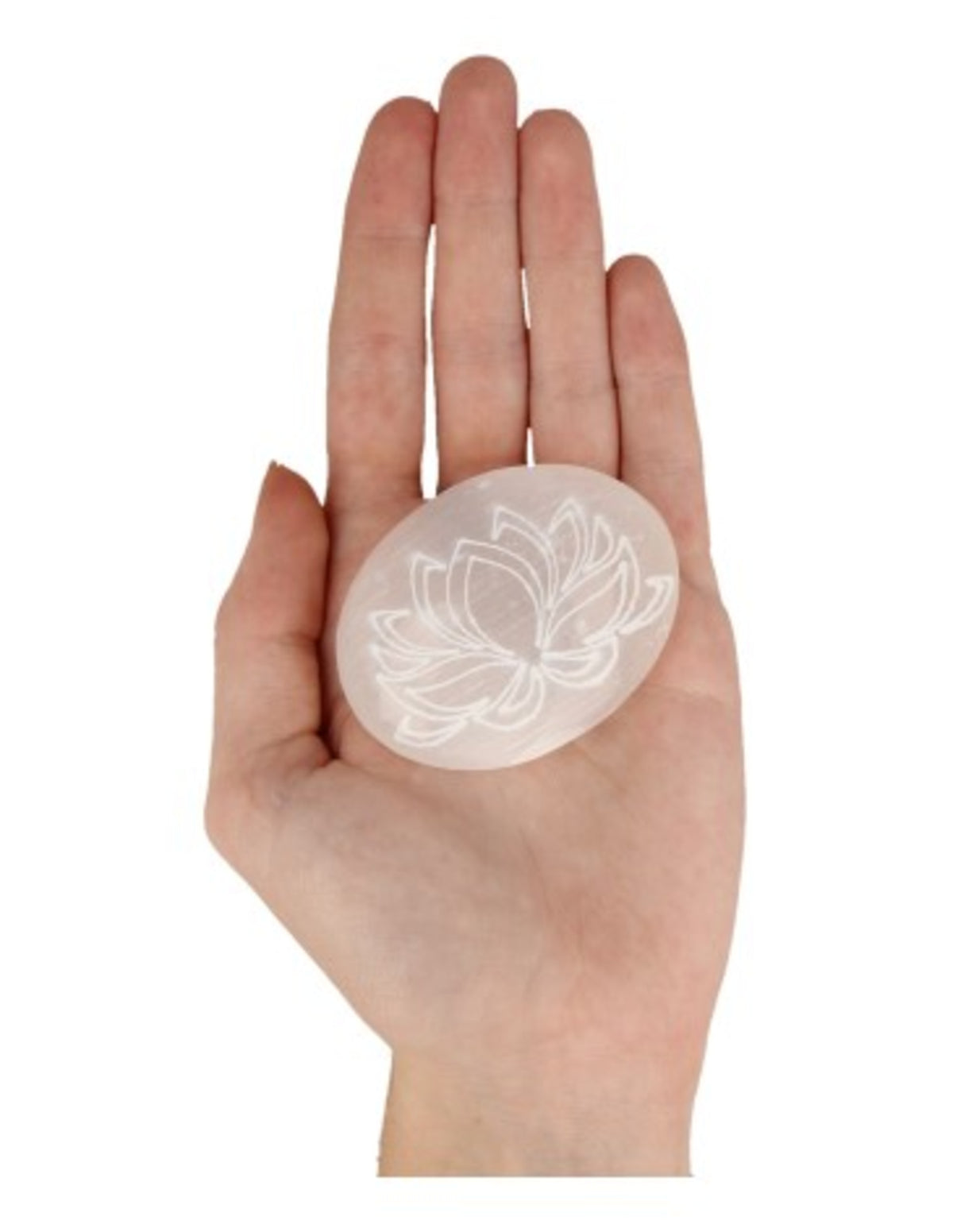Selenit handsten med lotusgravyr, 6 till 7 cm