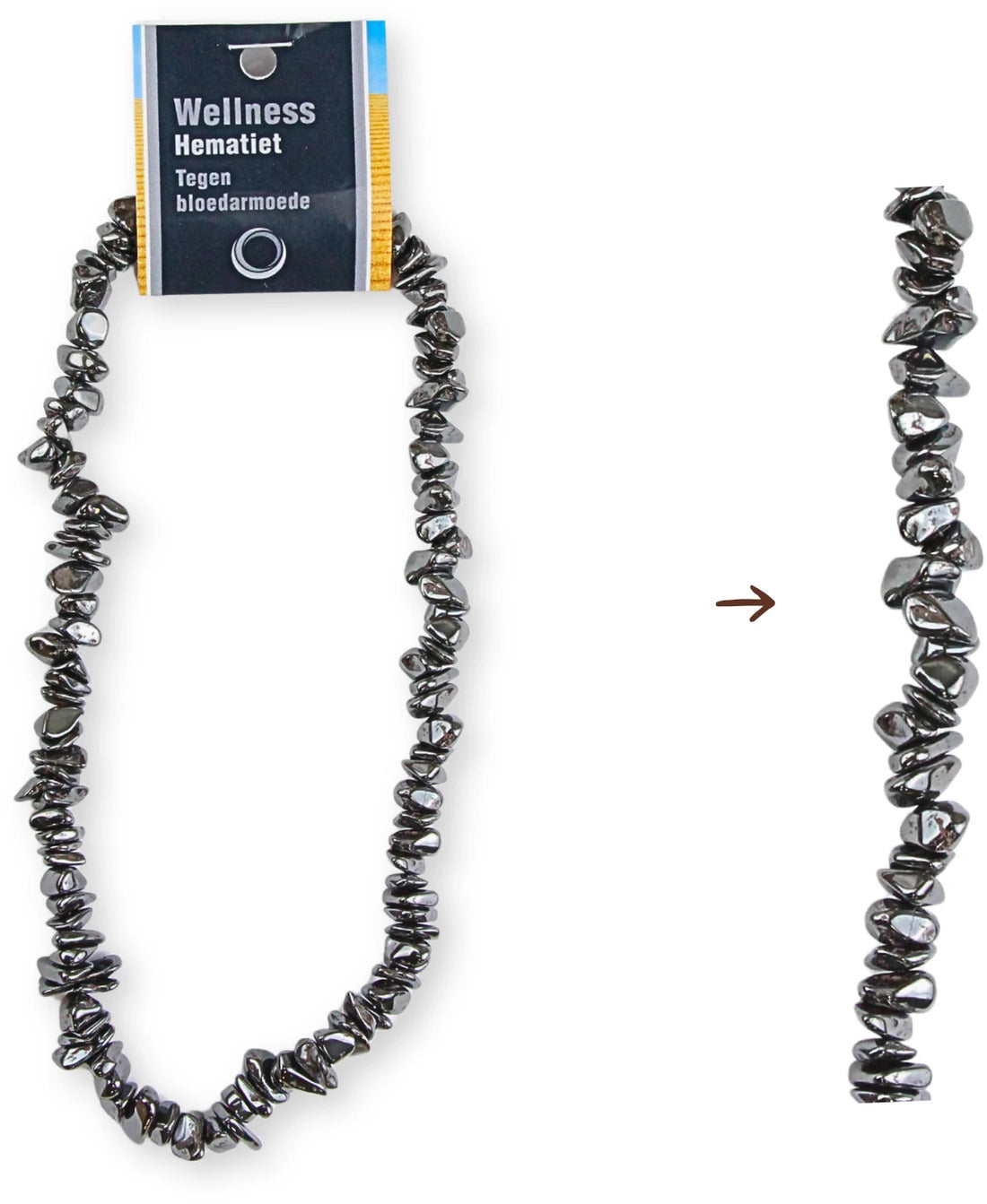 Hematit halsband med splitstenar på displaykort, 45 cm