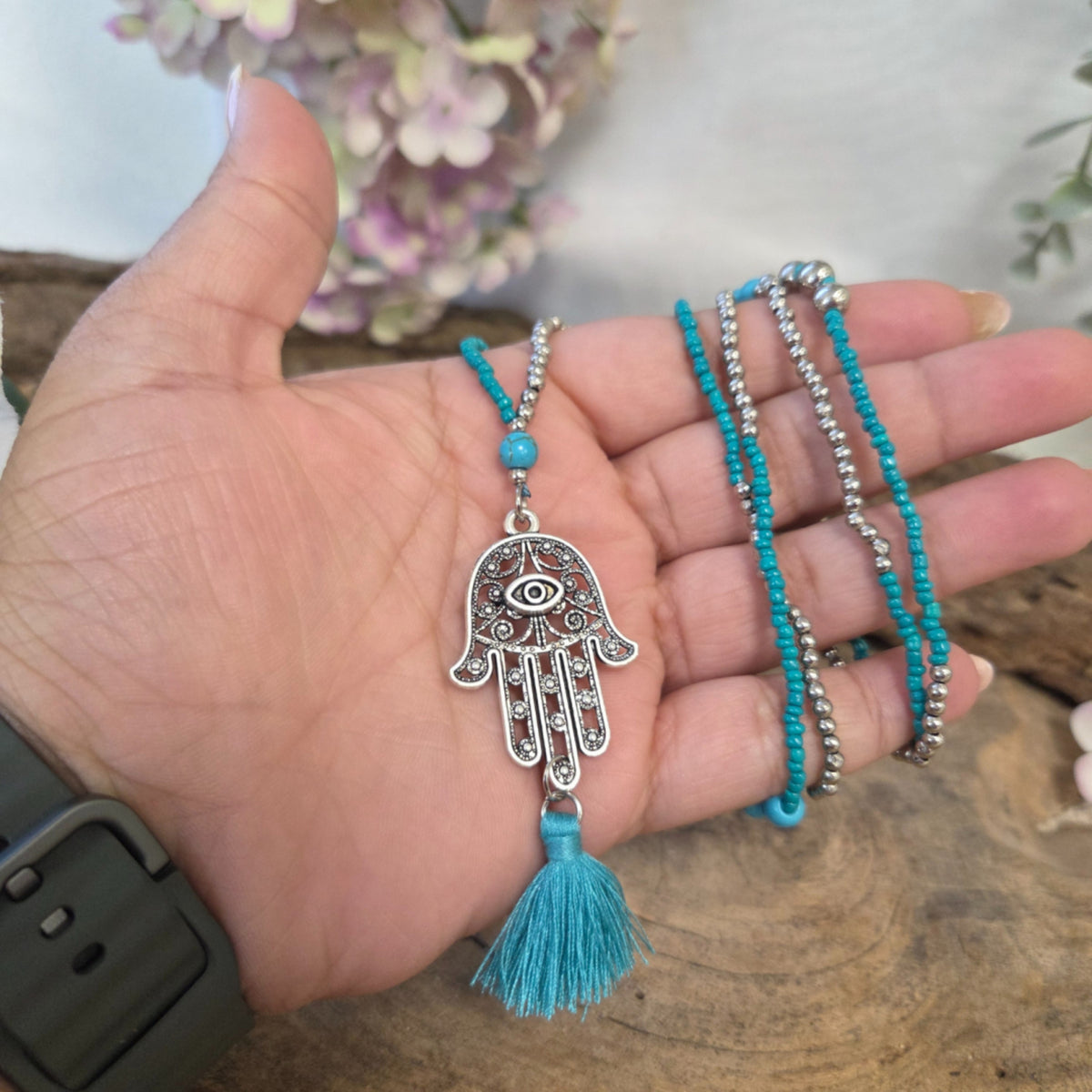 Fatimas hand halsband, Ibiza-stil, blå, 55 cm