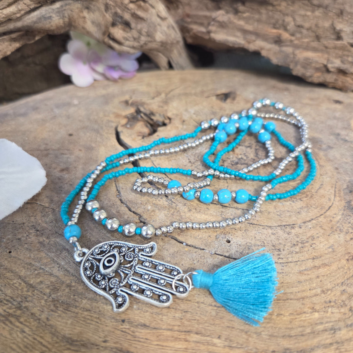 Fatimas hand halsband, Ibiza-stil, blå, 55 cm