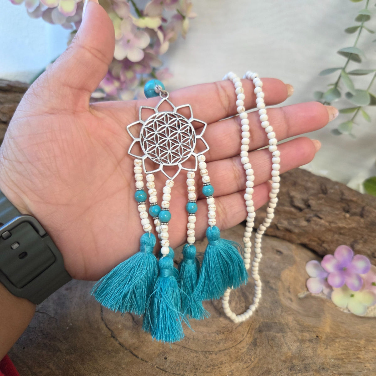 Livets blomma halsband, Ibiza-stil, handgjort, 55 cm