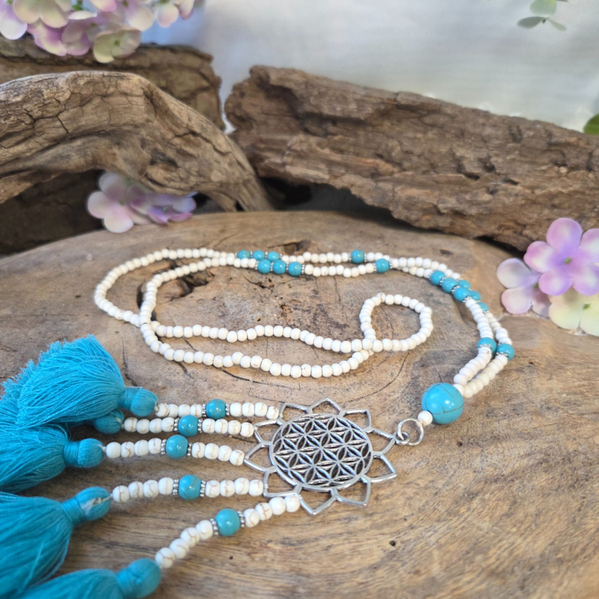 Livets blomma halsband, Ibiza-stil, handgjort, 55 cm