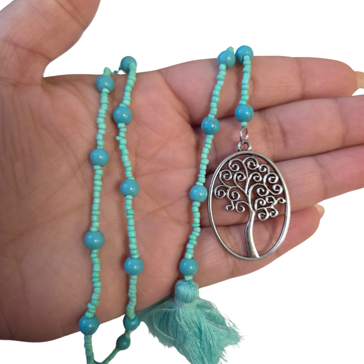 Livets träd halsband, Ibiza-stil, turkos, 55 cm, nr 1