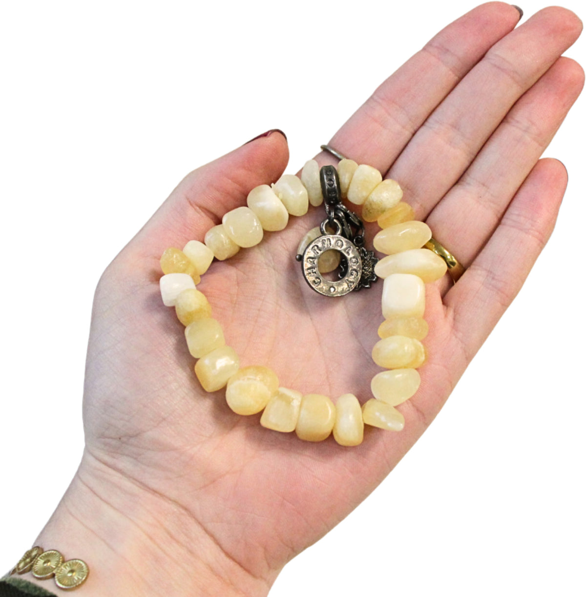 Jade armband, honungsgula nuggets, tre berlocker, nr 4