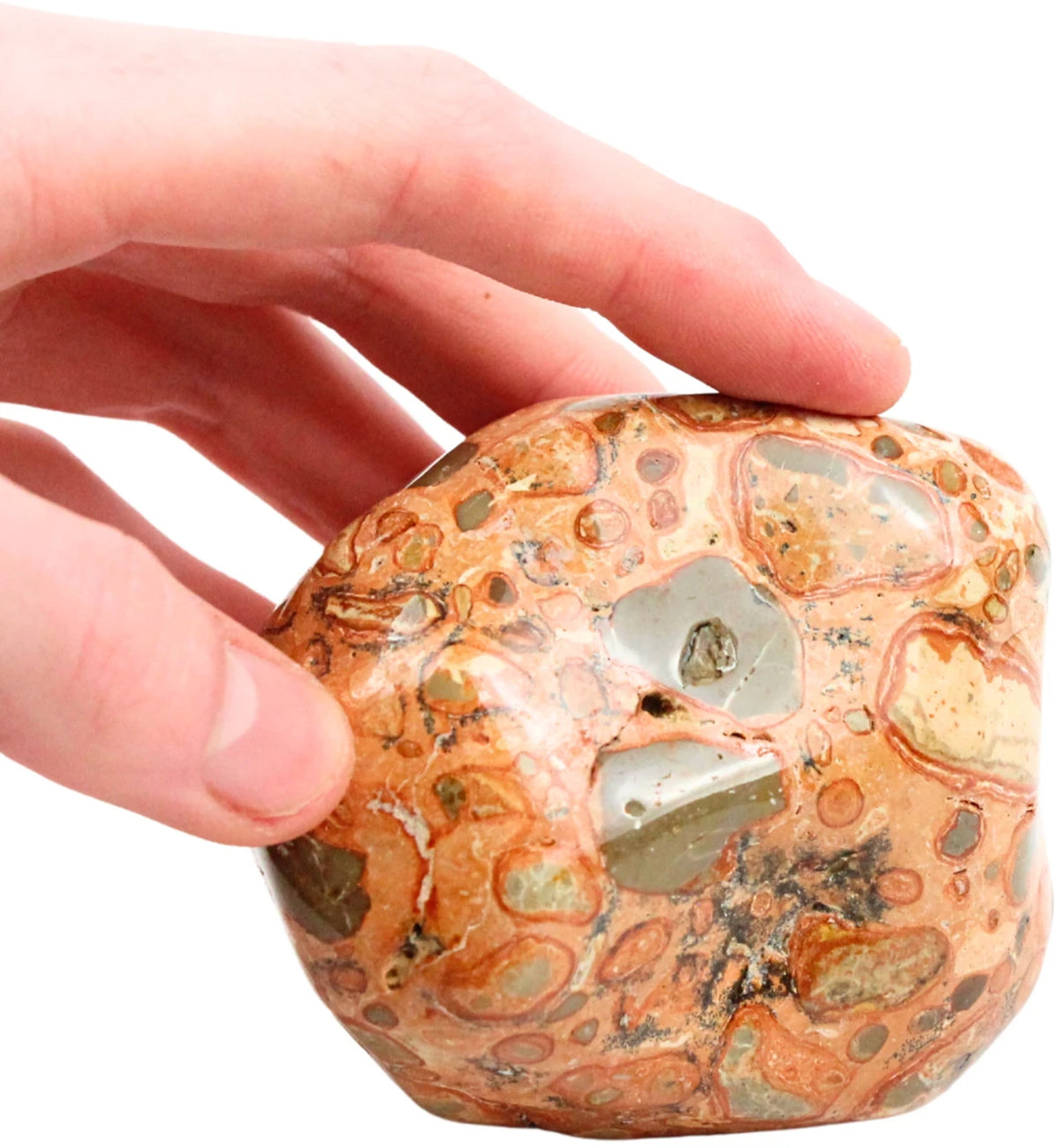 Big Bang jaspis handsten, leopardmönster, 7,7 cm, nr 02