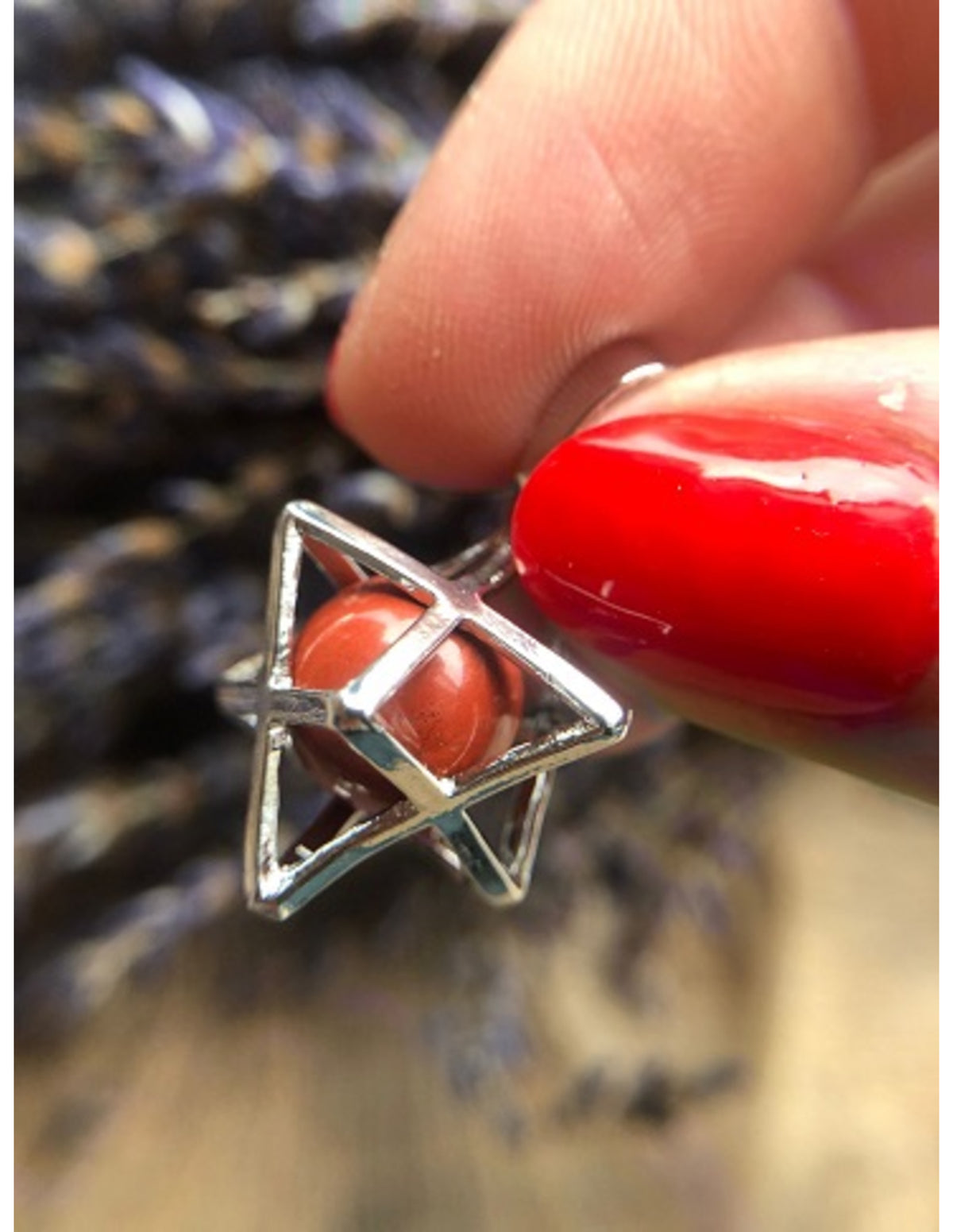 Röd jaspis smyckesset, hänge och örhängen, Merkabah