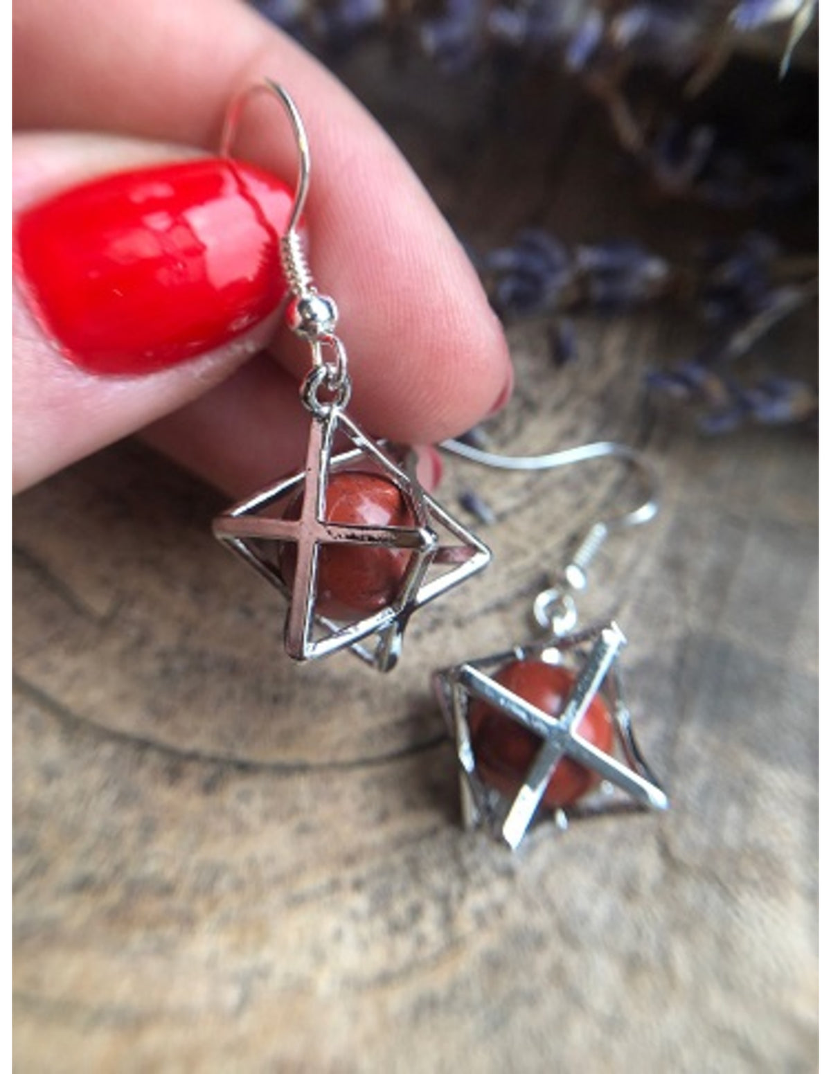 Röd jaspis smyckesset, hänge och örhängen, Merkabah