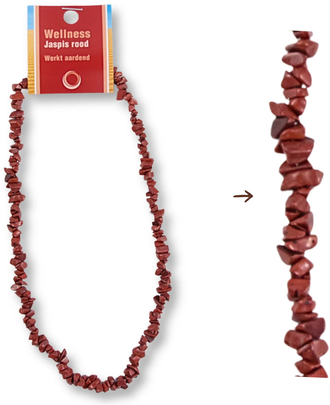 Röd jaspis halsband, splitstenar, 40 cm, med displaykort