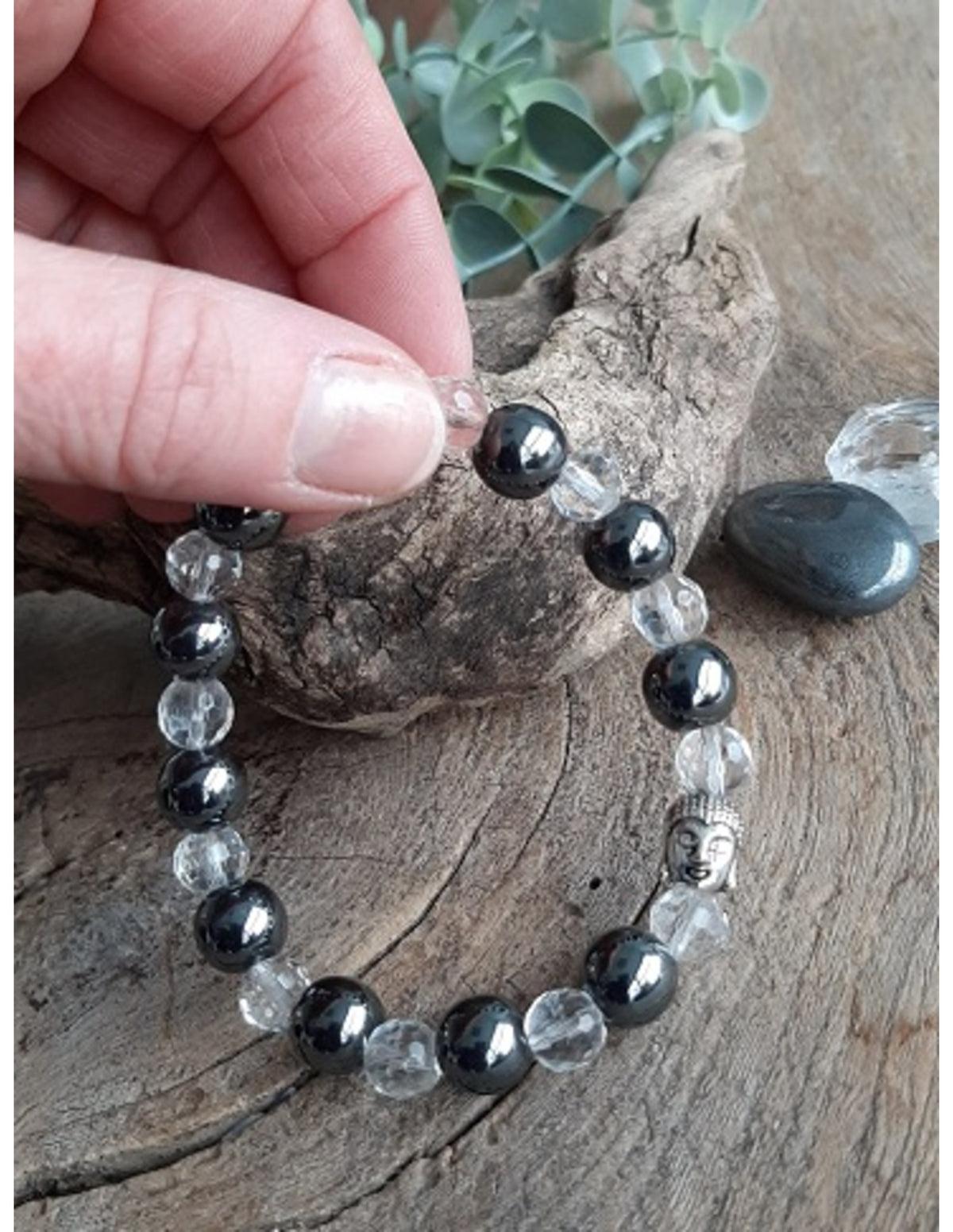 Hematit armband för män, med bergkristall och Buddha