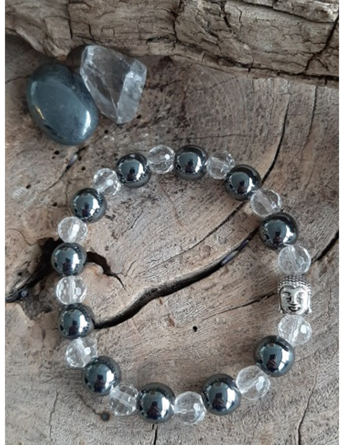 Hematit armband för män, med bergkristall och Buddha