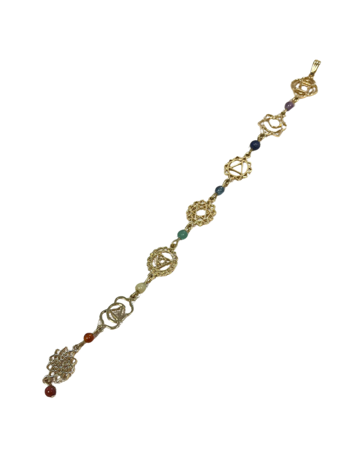 Blandade stenar hänge med chakrasymboler, guldfärgat, 21 cm