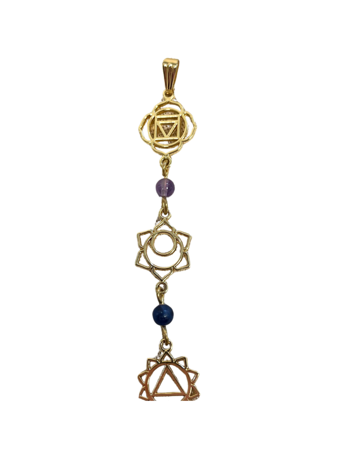 Blandade stenar hänge med chakrasymboler, guldfärgat, 21 cm