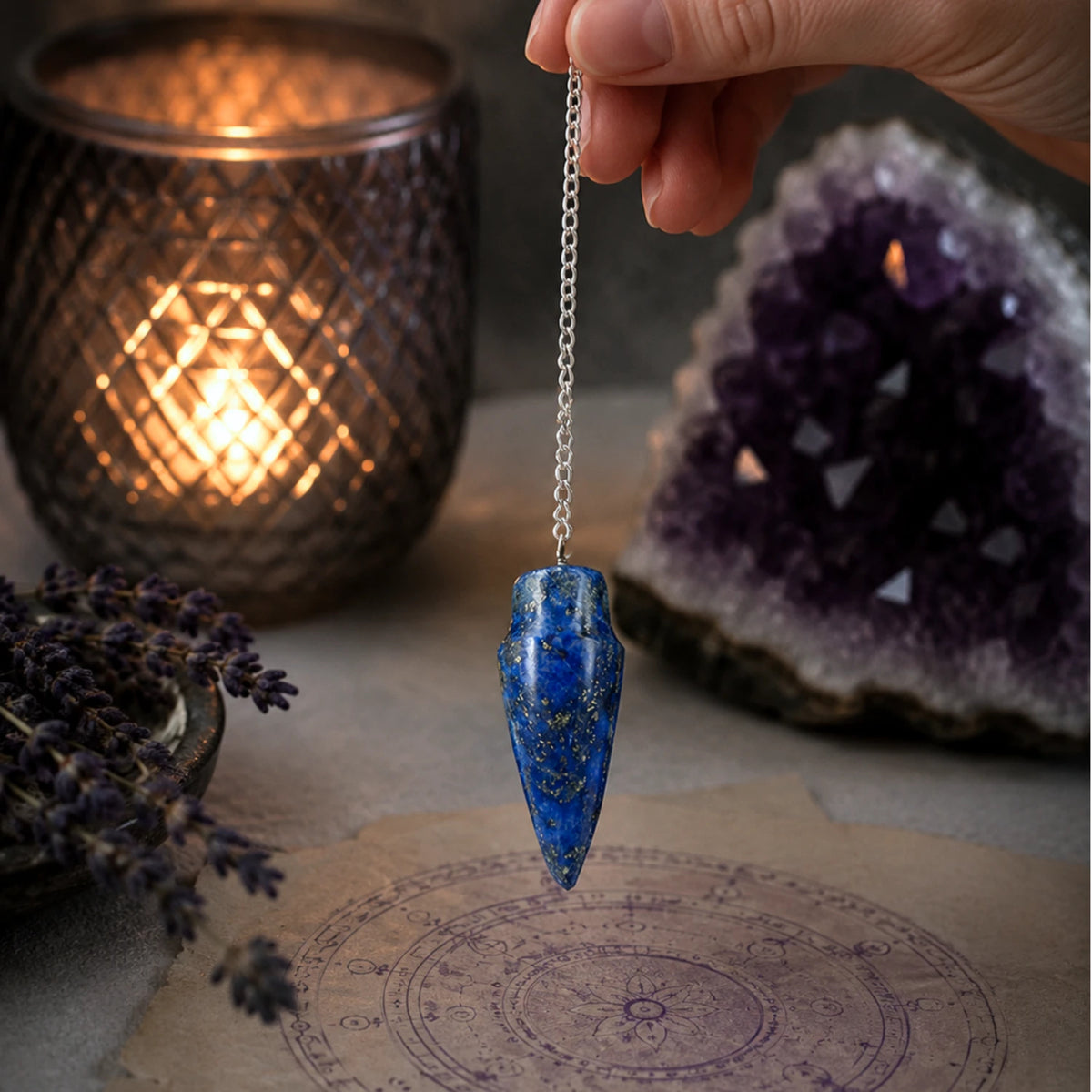 Lapis lazuli pendel, droppformad, med kedja