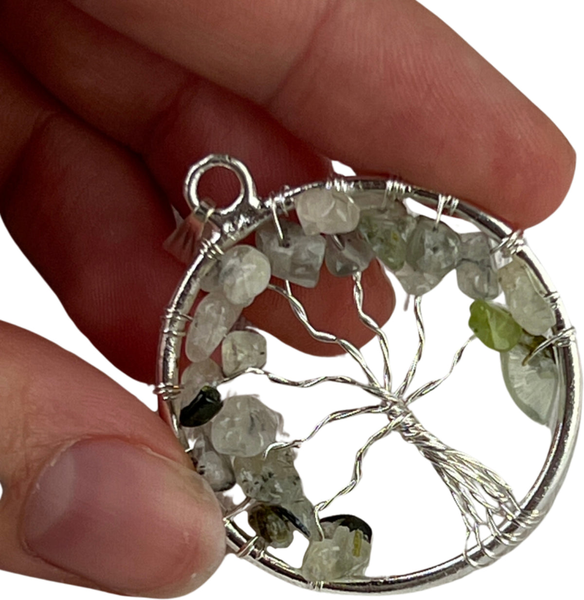 Prehnit hänge, livets träd, 30 mm, silverfärgad metall