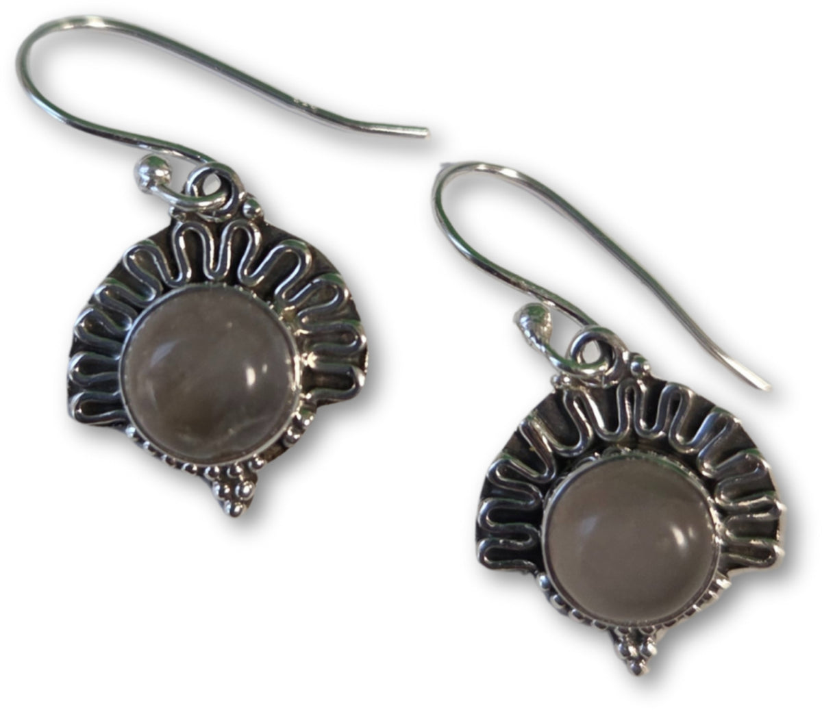 Grå månsten örhängen i silver, påfågel, 3 cm