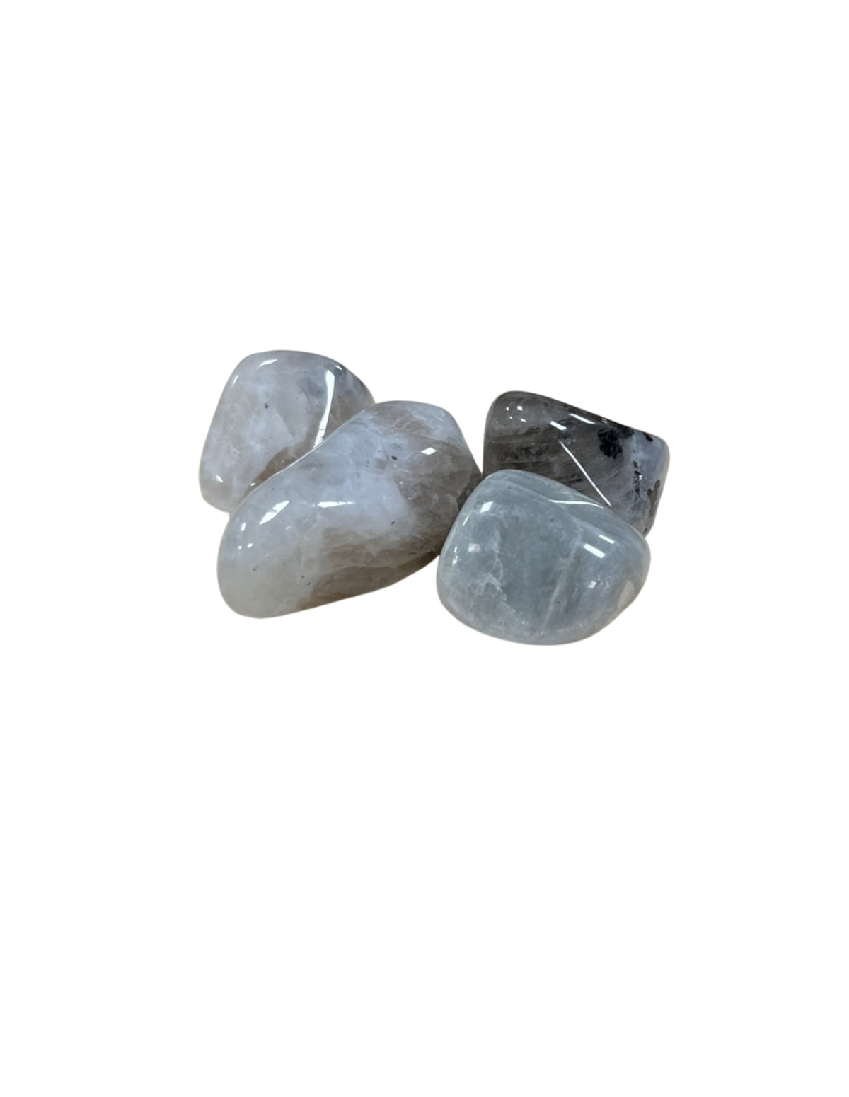 Regnbågsmånsten trumlade stenar, vit med blått skimmer, 100 g, 2 till 4 cm