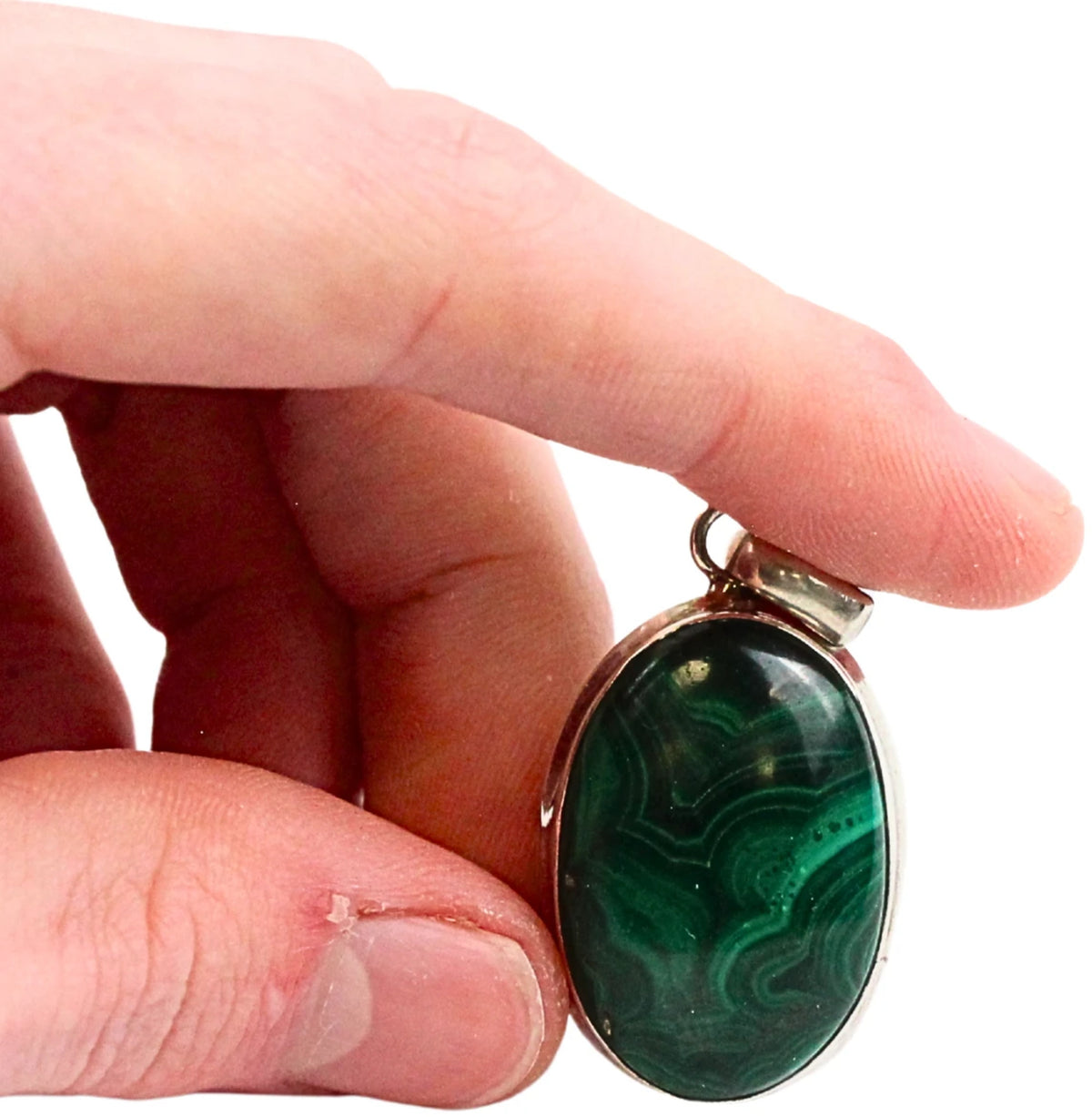 Malakit hänge i silver, oval, nr 08 (3,2 cm)