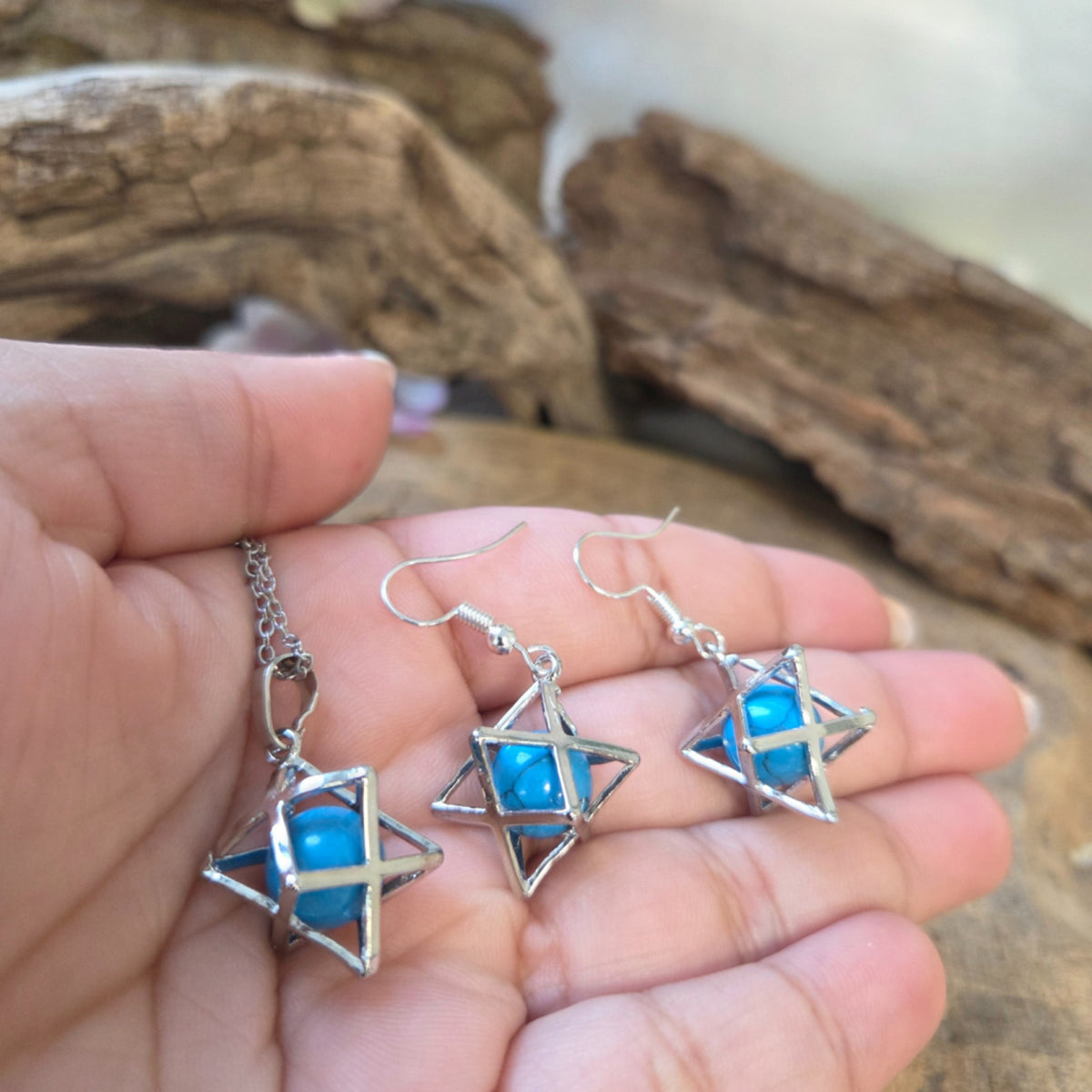 Howlit smyckesset, blå färgad, halsband och örhängen, Merkabah