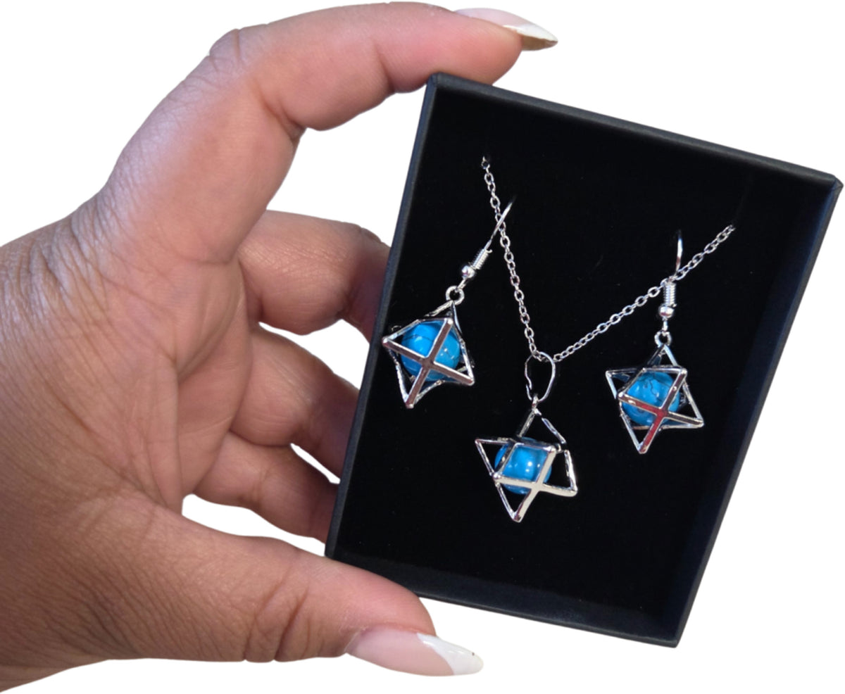 Howlit smyckesset, blå färgad, halsband och örhängen, Merkabah