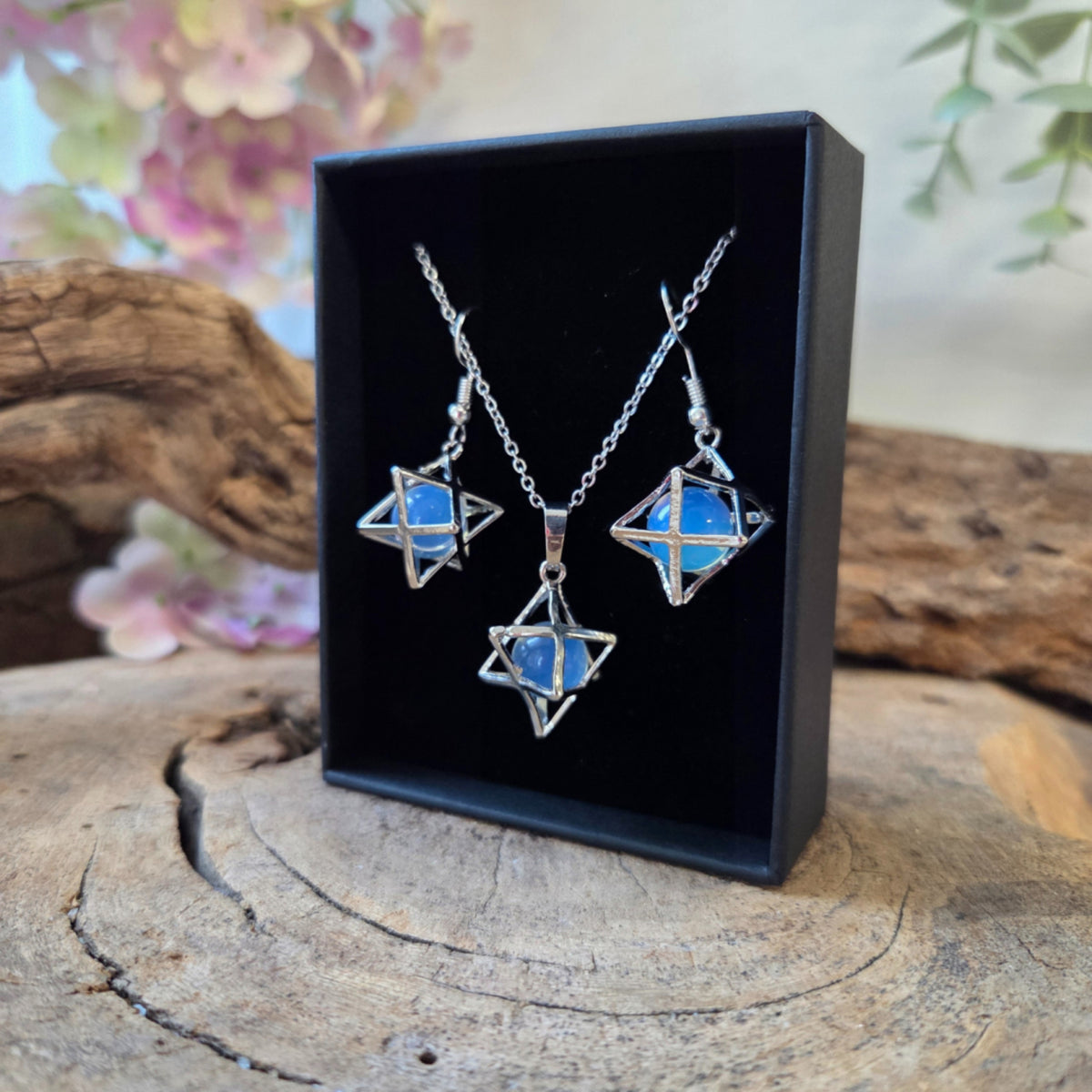 Opalit smyckeset (glas), merkabah med örhängen och halsband