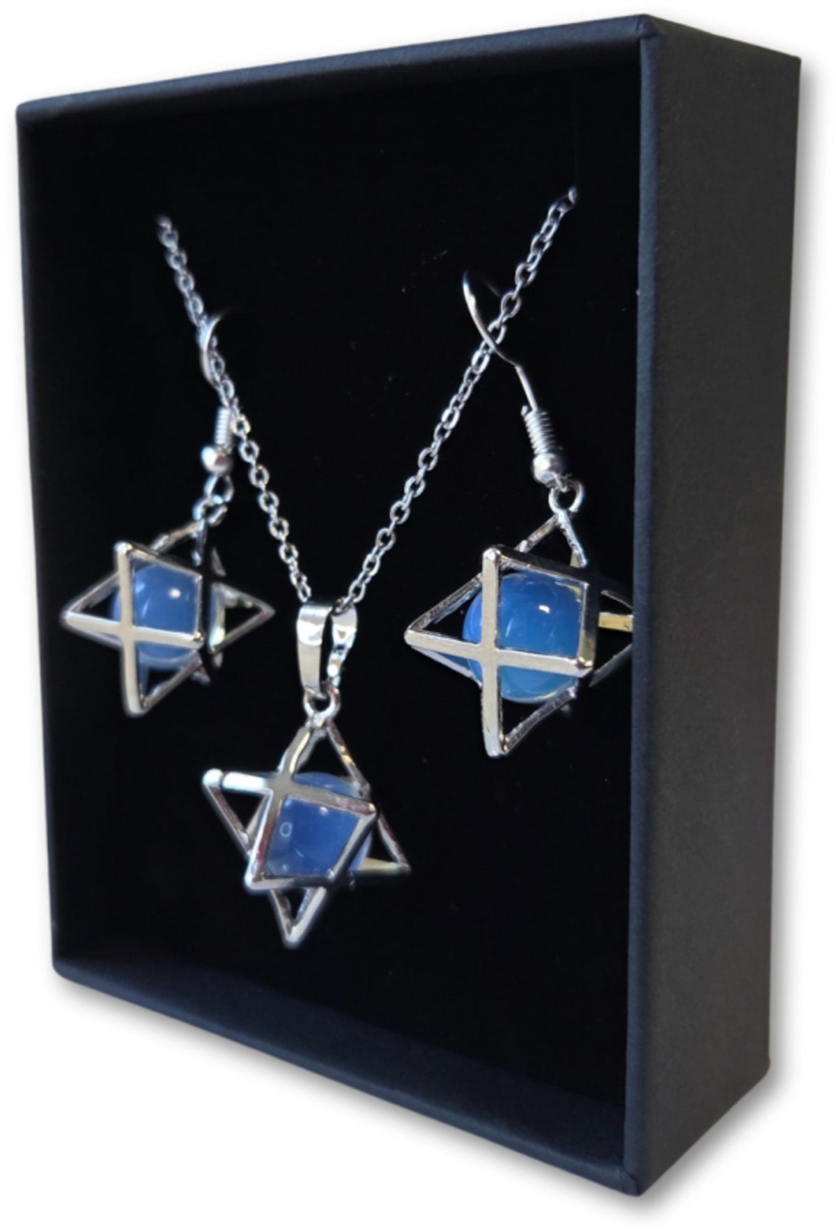 Opalit smyckeset (glas), merkabah med örhängen och halsband
