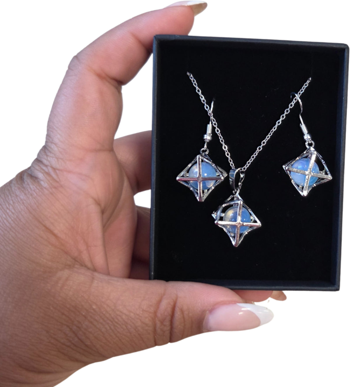 Opalit smyckeset (glas), merkabah med örhängen och halsband