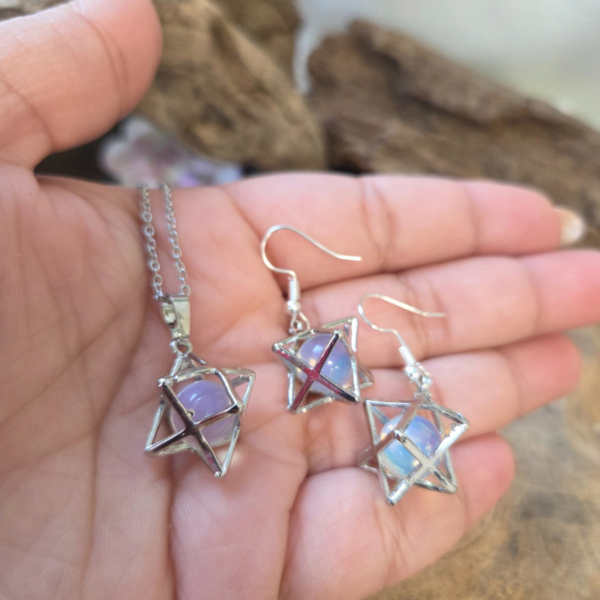 Opalit smyckeset (glas), merkabah med örhängen och halsband