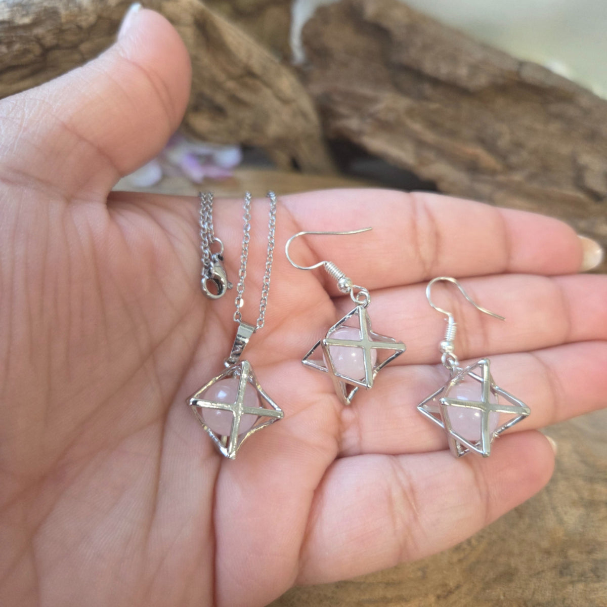 Rosenkvarts smyckesset med merkabahänge och örhängen, i ask