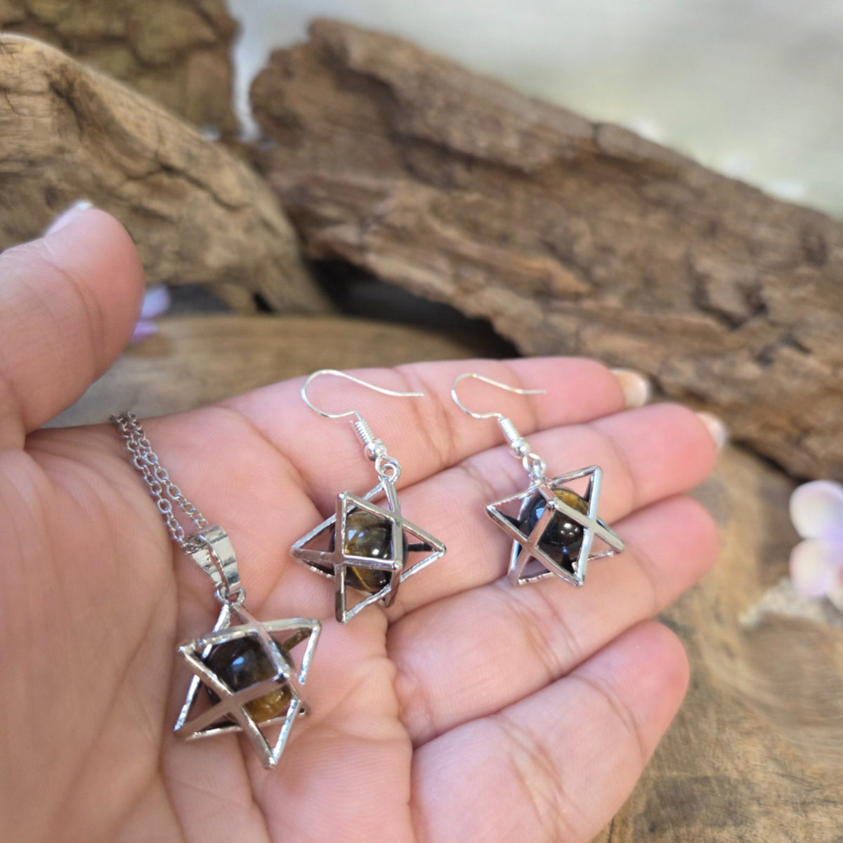 Tigeröga smyckesset med merkaba-hängen, halsband och örhängen